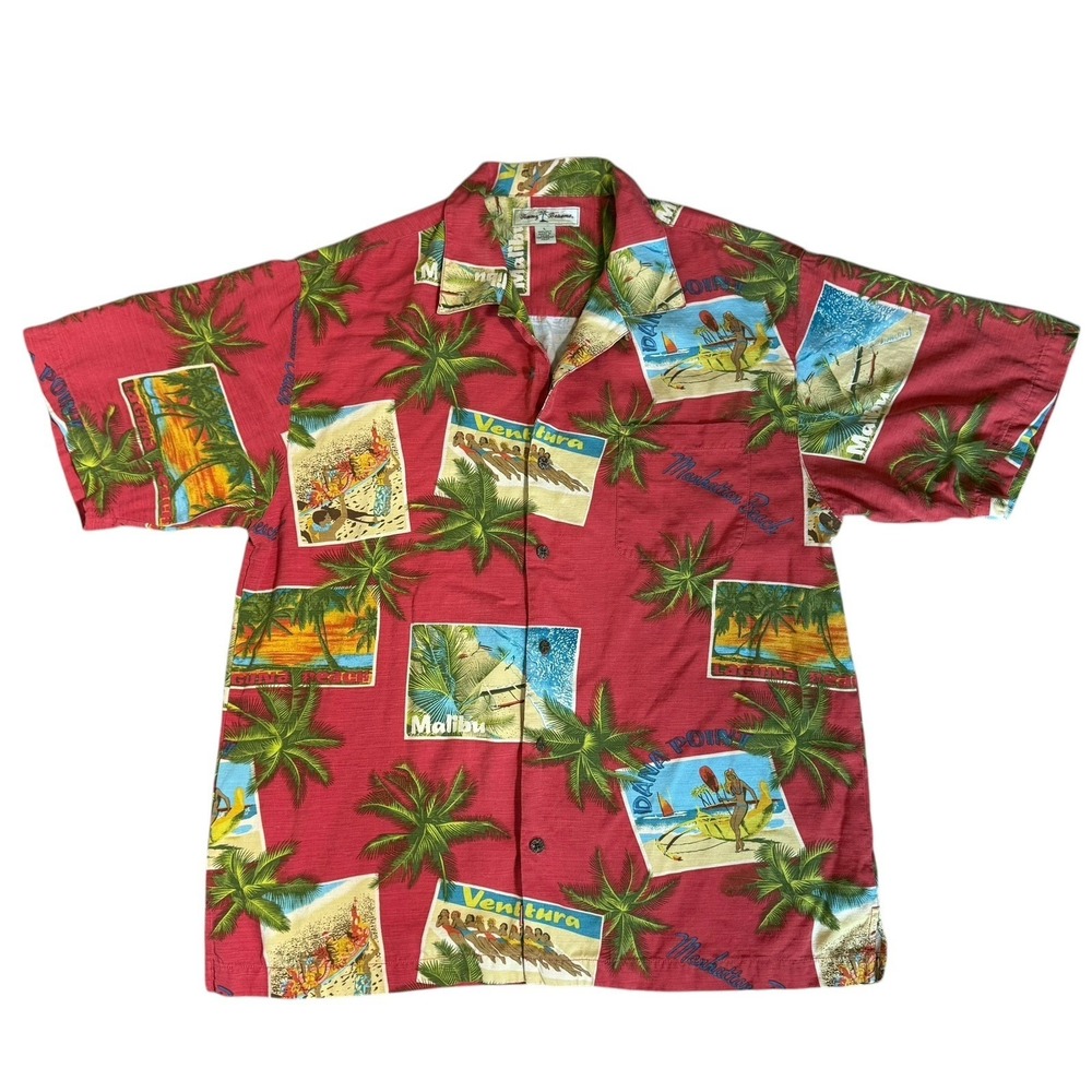 TOMMY BAHAMA 100% Silk Shirt Large Red California Postcard Malibu Laguna Beach